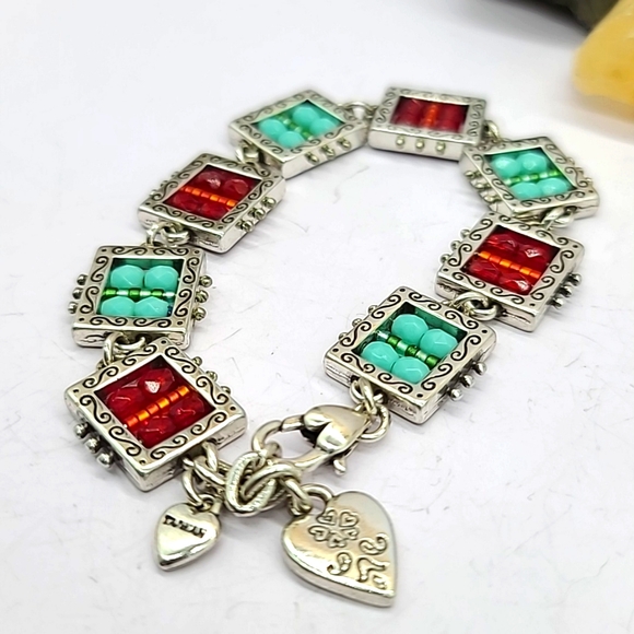 Brighton "BEDAZZLED" Red & Turquoise Crystal Beads & Heart Charm Link Bracelet! - Picture 6 of 10